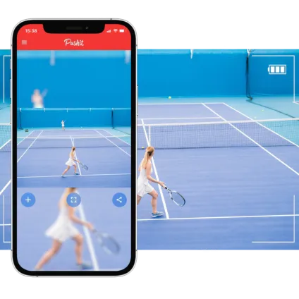 PUSHIT app shown on iPhone over a tennis court replay